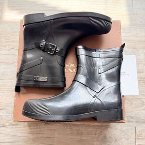 Coach Lester Shiny Rubber Rain Boots Black Buckle Mid Calf Boots Size 9